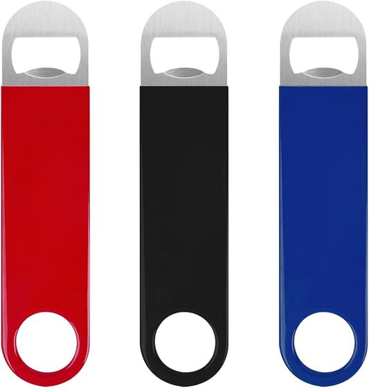 KTOJOY 3 Pack Bottle Openers,Beer Bottle Openers, Speed Openers, Stainless Steel Flat Bottle Opener with Exquisite Packaging, for Kitchen, Bar or Restaurant 7 inches Red, Black, Blue by KTOJOY