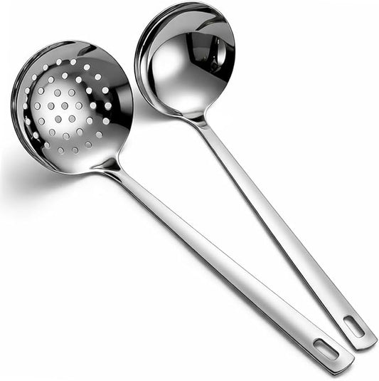 Berglander Slotted Spoons and Kitchen Ladle Spoon Set 2 Pcs, Stainless Steel Kitchen Spider Strainer Skimmer Soup Ladle for Straining Pasta/Cooking/Frying, Serving Soup/Gravy, Metal Kitchen Utensils by Berglander
