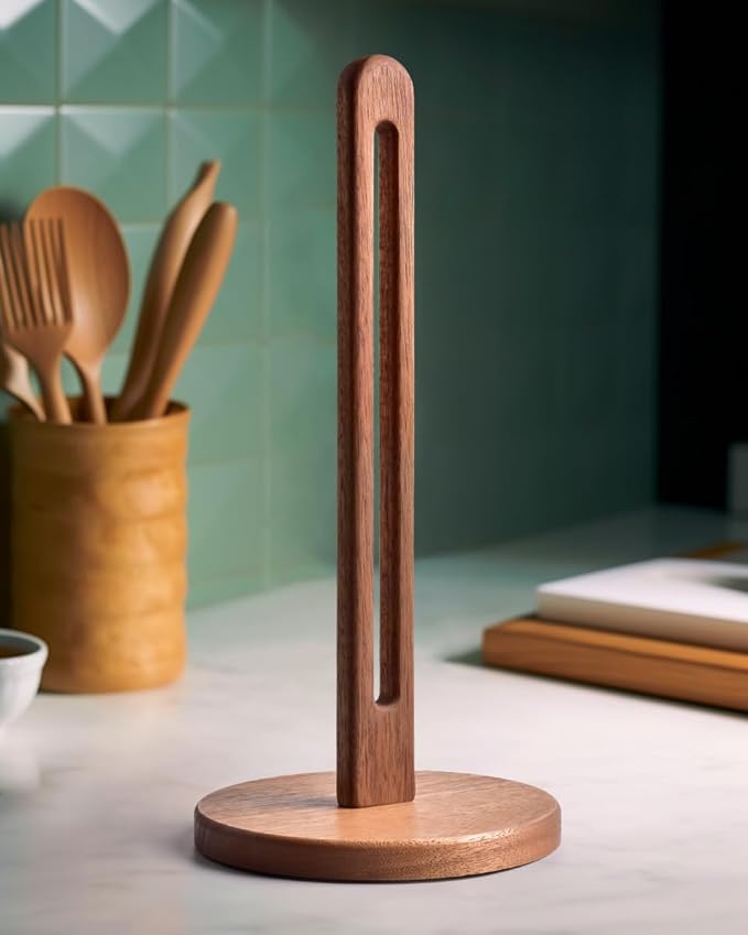 Acacia Wooden Paper Towel Holder Stand for Jumbo Roll - Stylish Kitchen Paper Rack Bathroom Towel Roll Stand Organizer, UA, Solid Wood Simply Standing Countertop Paper Roll Holder, Standard by CHAUNCEYHOME