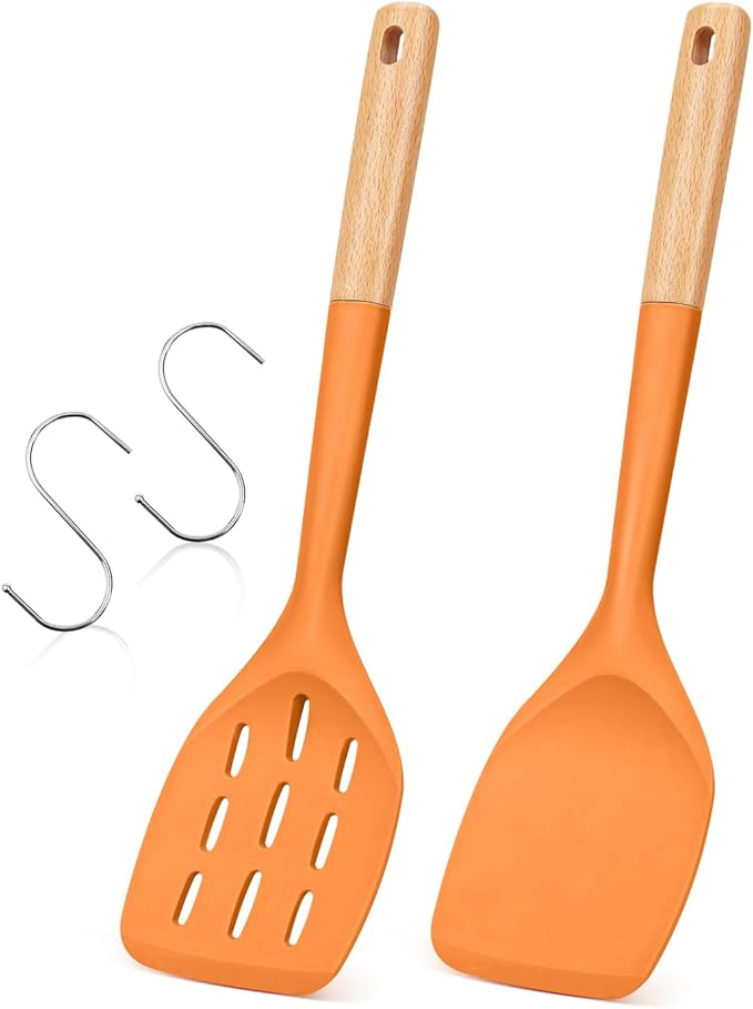 Pack of 2 Silicone Spatula, Non Stick Cooking Utensil Set, Wooden Handle Kitchen Turner for Baking Mixing Grilling Serving Food Heat Resistant (ORANGE) by BADIANO
