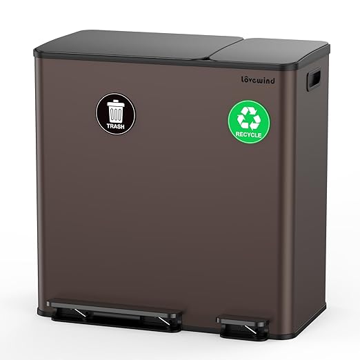 Dual Trash and Recycling Bins for Kitchen, 13.2 + 5.2 Gal (50+20L) Stainless Steel Trash and Recycle Bin Combo with Soft-Close Lid, Large Garbage Cans for Kitchen Home with 2 Magnets Sticker, Brown
