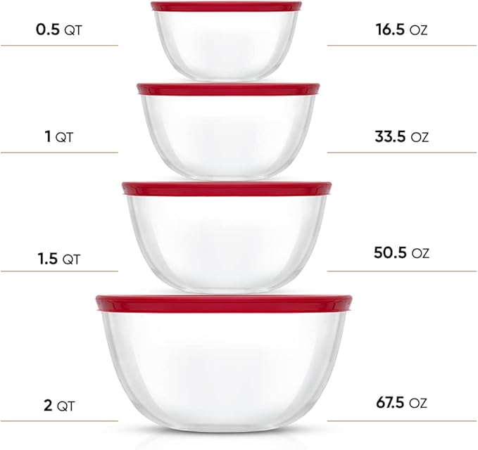 JoyJolt Kitchen Mixing Bowls - 8pc Glass with Lids Set – Neat Nesting Large Bowl Batter Cooking Storage and Big Salad BPA-Free Red - Image 2