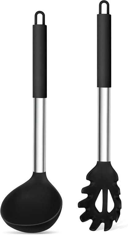 TeamFar Silicone Pasta Fork and Ladle Spoon Set, 2 Pcs Large Nonstick Kitchen Utensils with Stainless Steel Handle for Cooking, Draining, Serving Soup, Sauce, Spaghetti, Healthy & Heat-Proof, Black by TeamFar