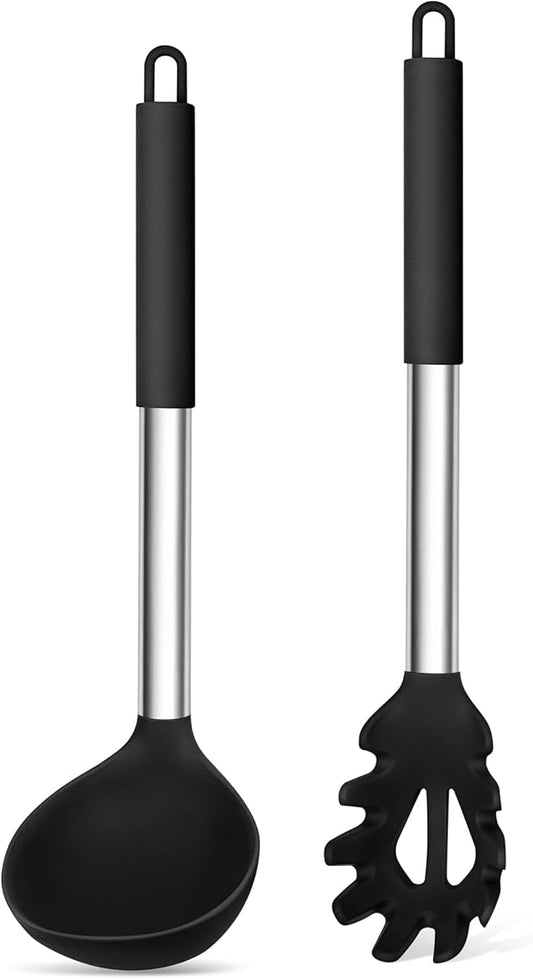 TeamFar Silicone Pasta Fork and Ladle Spoon Set, 2 Pcs Large Nonstick Kitchen Utensils with Stainless Steel Handle for Cooking, Draining, Serving Soup, Sauce, Spaghetti, Healthy & Heat-Proof, Black by TeamFar