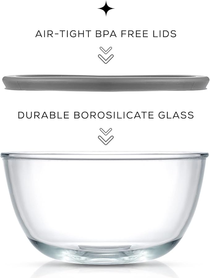 JoyJolt Kitchen Mixing Bowls - 8pc Glass with Lids Set – Neat Nesting Large Bowl Batter Cooking Storage and Big Salad BPA-Free Gray - Image 4