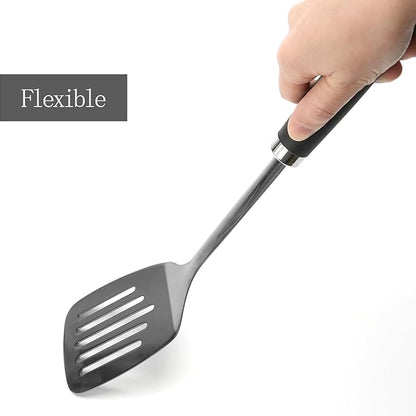 Metal Spatula, Stainless Steel Slotted Turner for Kitchen Use, Heat-Resistant Non-Slip Silicone Handle, Cooking Spatula for Pancakes, Eggs, Burgers, Black