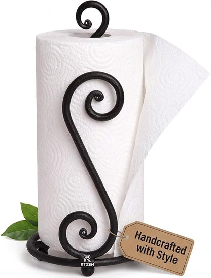 RTZEN Matte Black Paper Towel Holder Countertop - Decorative Farmhouse Paper Towel Roll Holder - Rustic Metal Modern Stand for Kitchen or Bathroom (Swirl)