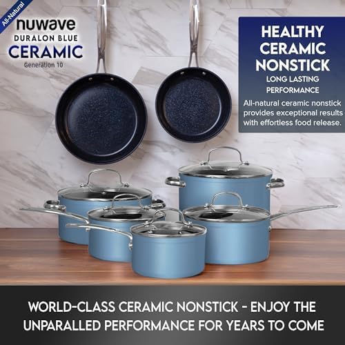 Nuwave Healthy Duralon Blue Ceramic Nonstick Cookware Set, Diamond Infused Scratch-Resistant, PFAS Free, Dishwasher & Oven Safe, Induction Ready & Evenly Heats, Tempered Glass Lids & Stay-Cool Handles - Image 3