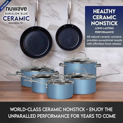 Nuwave Healthy Duralon Blue Ceramic Nonstick Cookware Set, Diamond Infused Scratch-Resistant, PFAS Free, Dishwasher & Oven Safe, Induction Ready & Evenly Heats, Tempered Glass Lids & Stay-Cool Handles - Image 3