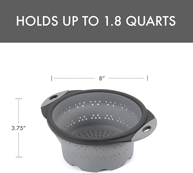 Dexas 8" Collapsible Silicone Colander in Cool Grey, Kitchen Strainer with Handles, 7.2 Cup Capacity | BPA-Free, Heat-Resistant, Space-Saving Kitchen Tool - Image 2