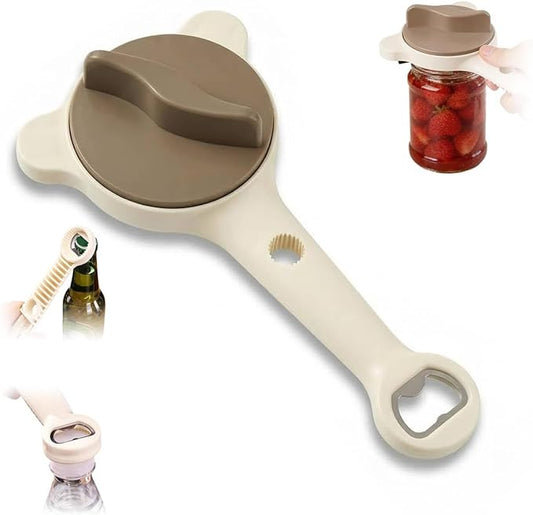 4-in-1 Jar Opener for Seniors -Adjustable Lid Opener with Non-Slip Grip, Stainless Steel Jar Lid Opener for Arthritis Sufferers, Fits Kitchen Jars, Bottles & Cans, Home Kitchen Helper(Brown)