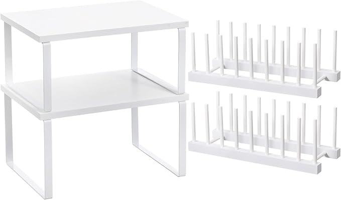 Marsui 4 Pcs Kitchen Organizer Accessories Set Cabinet Organizer Shelf and Bamboo Dish Drying Plate Rack Counter Shelves Storage Holder for Spice Rack, Dish, Pot Lid, Bowl, Cup (White) by Marsui