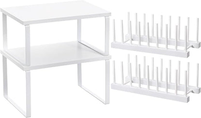 Marsui 4 Pcs Kitchen Organizer Accessories Set Cabinet Organizer Shelf and Bamboo Dish Drying Plate Rack Counter Shelves Storage Holder for Spice Rack, Dish, Pot Lid, Bowl, Cup (White) by Marsui