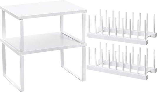 Marsui 4 Pcs Kitchen Organizer Accessories Set Cabinet Organizer Shelf and Bamboo Dish Drying Plate Rack Counter Shelves Storage Holder for Spice Rack, Dish, Pot Lid, Bowl, Cup (White) by Marsui