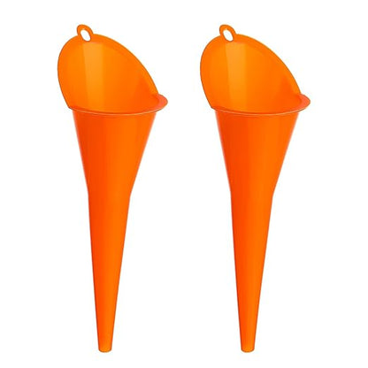 2-Pack Long Neck Multi-Purpose Spill Saver Plastic Funnel for Filling Automotive Oils, Lubricants, Engine Oils, Water, Diesel Fuel, Kerosene and Other Liquids - Orange