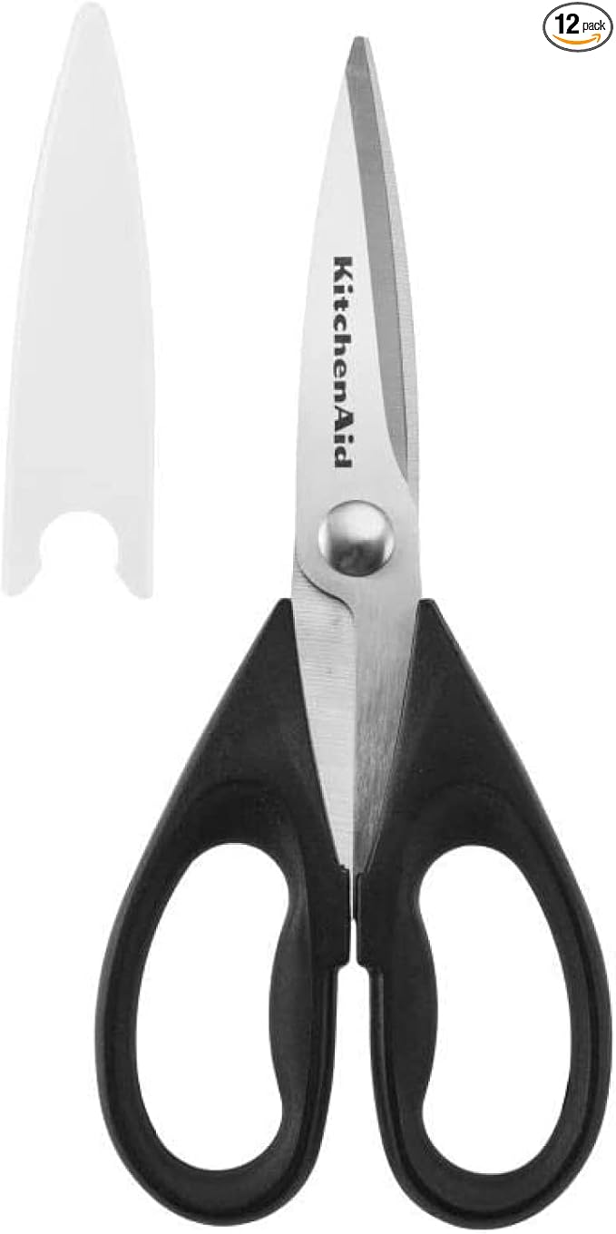KitchenAid All Purpose Kitchen Shears with Protective Sheath Durable Stainless Steel Scissors, Dishwasher Safe, Soft Grip Comfort Handle, 8.72 Inch, Black, Pack of 12 by KitchenAid