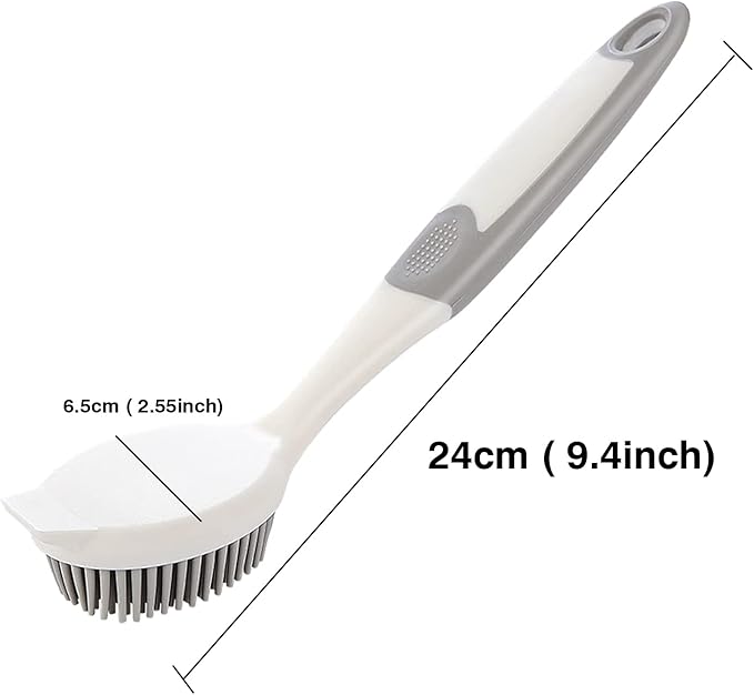 Dish Scrubber, Silicone Soft Bristles Scrub Brush with Scraper Tip, Comfortable Grip Brushes for Kitchen Sink, Pans, Pots, Skillet, Vegetable, Fruit, Potato Cleaning (White/Grey) - Image 2