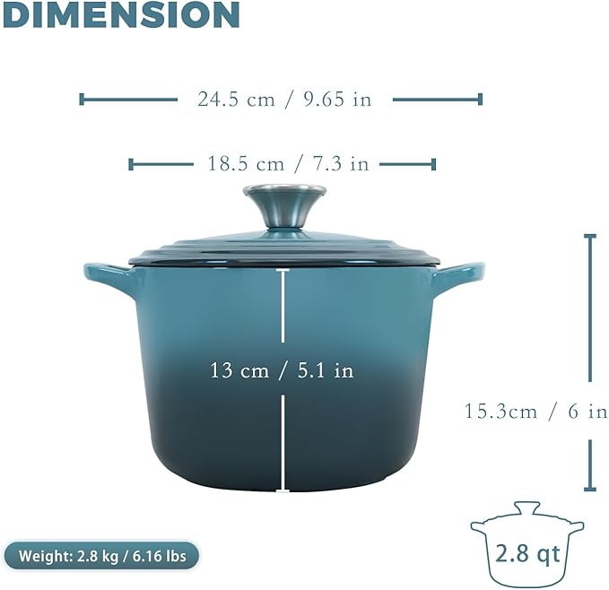 Flavehc Dutch Oven Pot with Lid 2.8 qt Cast Iron Dutch Oven for Bread Baking Slateblue Enameled Cast Iron Rice Pot with Handels - Image 4