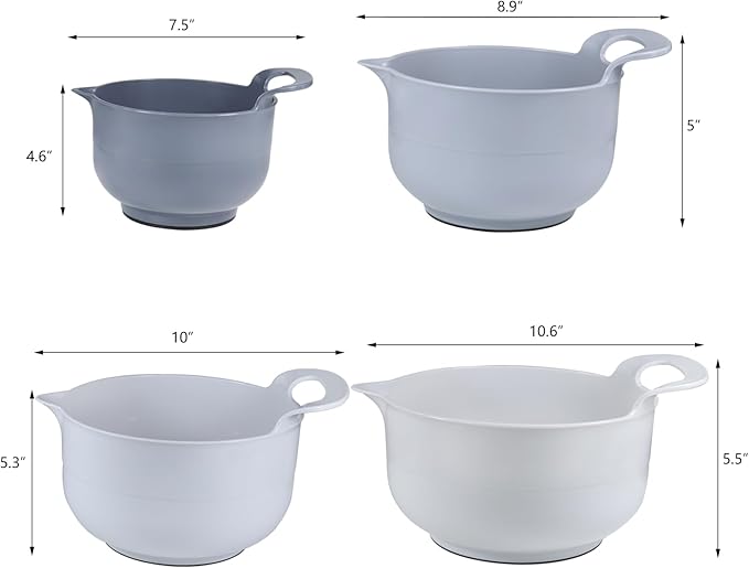 Mixing Bowls - 4 Piece Nesting Plastic Mixing Bowl Set with Pour Spouts and Handles - Non Slip Bottom and Measurement Markings (Light Gray) - Image 2