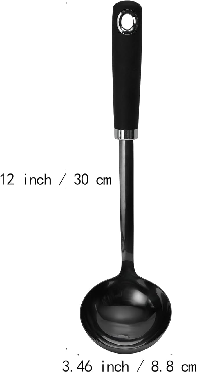 12 Inch Soup Ladle, Black Stainless Steel Ladle Spoon with Comfortable Handle, Long Handle Soup Serving Spoon for Cooking, Stews, Sauce, Gravy, Broth, Kitchen Utensil, Black