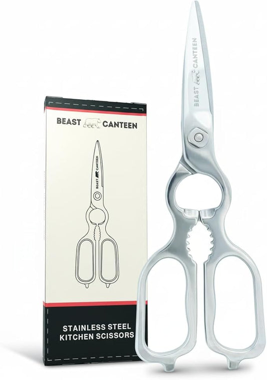 Heavy Duty Kitchen Scissors for Food — All Purpose Cooking Scissors, All Stainless Steel, No Plastic, Come-Apart Blades for Easy Cleaning, Dishwasher Safe, 5-in-1 Multi-Tool