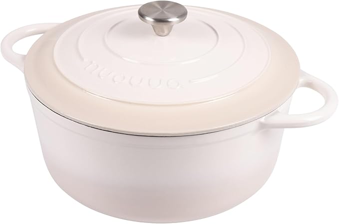 Nuovva Enamelled Cast Iron Dutch Oven Pot with Lid 6.4 Quart Non Stick Casserole Pot – Heavy Duty & Oven Safe up to 500° F for Bread Baking, Braising, Stews, Roasting – 28cm Oyster by Nuovva