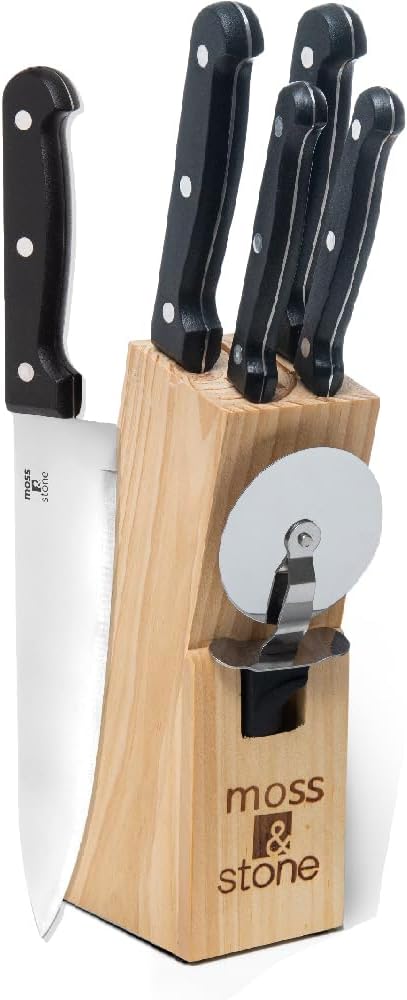 Moss & Stone 7-Piece Kitchen Knife Set with Block – Stainless Steel Serrated Kitchen Knives, High Carbon Blades, Small Cutlery Set for Home Cooking, Compact Countertop Small Knife Set Wood Block by Mossstone