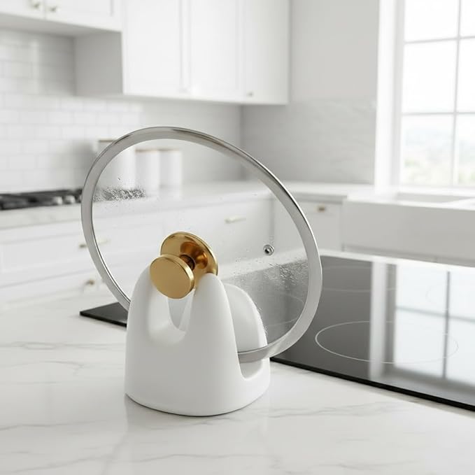 Nihow Pot Lid Holder: Stable Ceramic Pan Lid Holder for Kitchen Counter Decor/Counter top/Stove Top- Heat Resistant & Dishwasher Safe - Matte White(1 PC) - Image 3