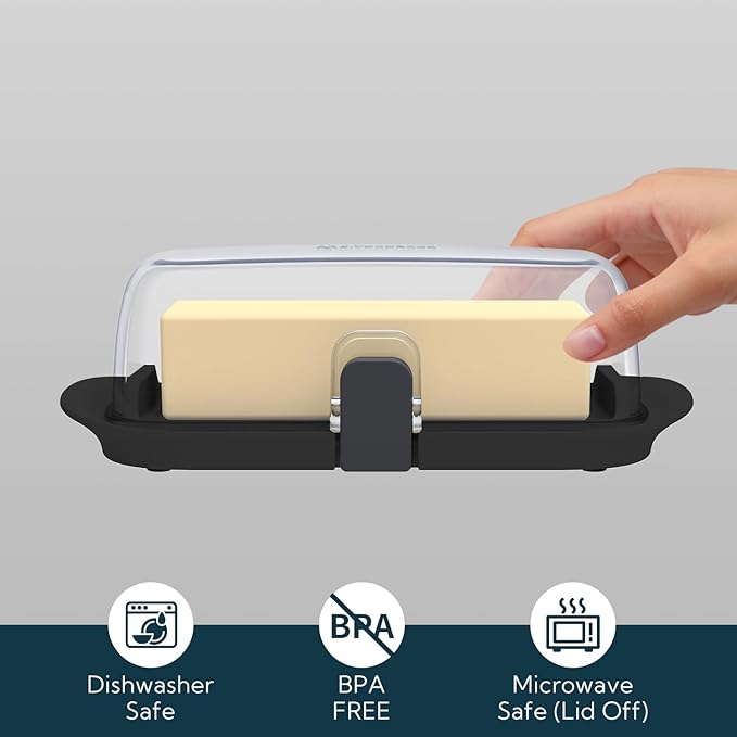 KITCHENDAO Large One-handed Butter Dish with Lid for Countertop, Airtight Butter Holder with One Press to Open/Close Secure Latching Buckle for East Coast/West Coast/European/Kerrygold Butter(Black)