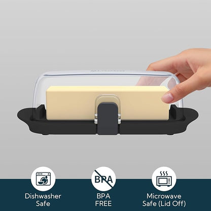 KITCHENDAO Large One-handed Butter Dish with Lid for Countertop, Airtight Butter Holder with One Press to Open/Close Secure Latching Buckle for East Coast/West Coast/European/Kerrygold Butter(Black)