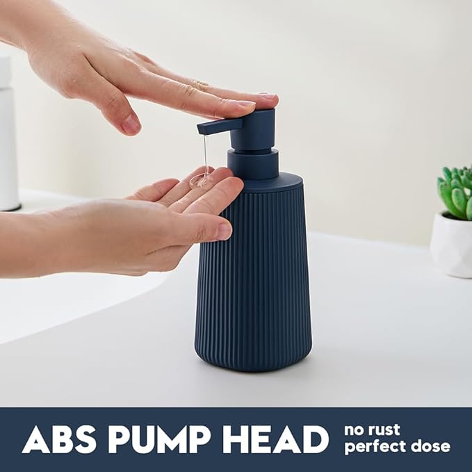 Small Soap Dispenser for Bathroom and Kitchen, Modern Farmhouse Striped Style Plastic Hand Soap Dish Soap Dispenser with Pump Matte Blue - Image 3