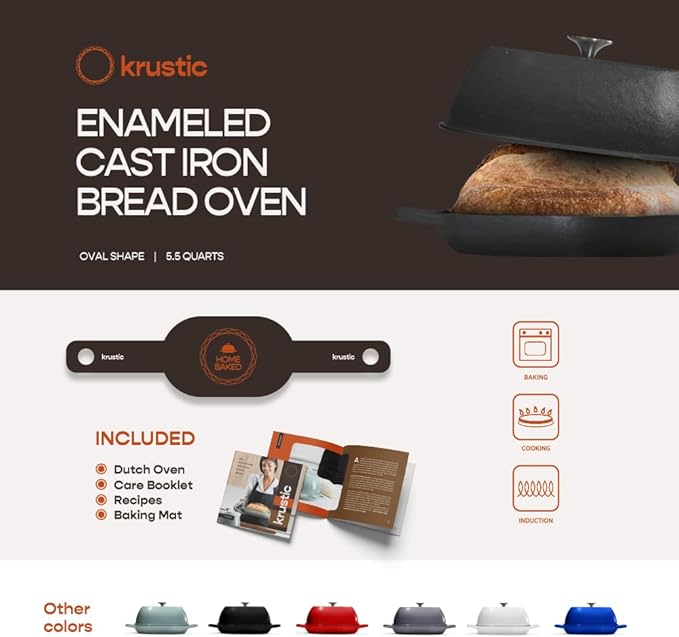 Krustic Enameled Cast Iron Dutch Oven for Professional Sourdough Bread Baking | 5.5 Quart Loaf Size Oval Cookware Pot with Lid | Triple-Layer Enamel Coating Pan with Non Stick Silicone Mat | Black