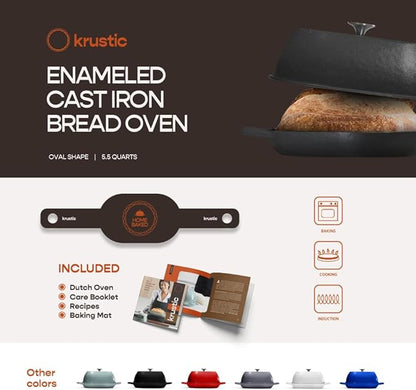 Krustic Enameled Cast Iron Dutch Oven for Professional Sourdough Bread Baking | 5.5 Quart Loaf Size Oval Cookware Pot with Lid | Triple-Layer Enamel Coating Pan with Non Stick Silicone Mat | Black