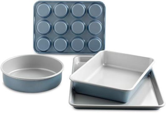 Nordic Ware Brilliant™ Colorful 4-Pc Baking Set, Nonstick made without PFAS or PTFE for safe cooking; Reinforced steel rim prevents warping; Half Sheet, 9x13 Inch Pan, 9-Inch Round Pan and Muffin Pan by NordicWare