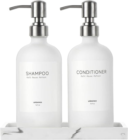 White Glass Soap Dispenser Set for Kitchen, Hand and Dish Soap Dispenser with Stainless Steel Pump & Resin Tray, Perfect for Kitchen,Hotel Rental-Modern Soap Dispenser Decor for Kitchen