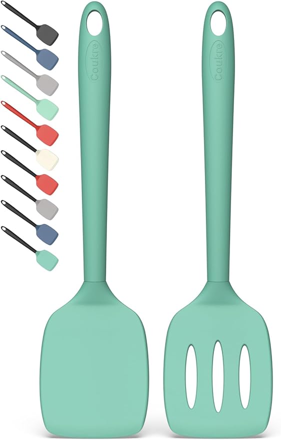 Coukre 2 Pack Silicone Spatula Set, High Heat Resistant, BPA Free Kitchen Spatula, Solid & Slotted Turner for Non-Stick Pans, Sautéing, and Flipping (2, SolidAquaGreen) by Coukre