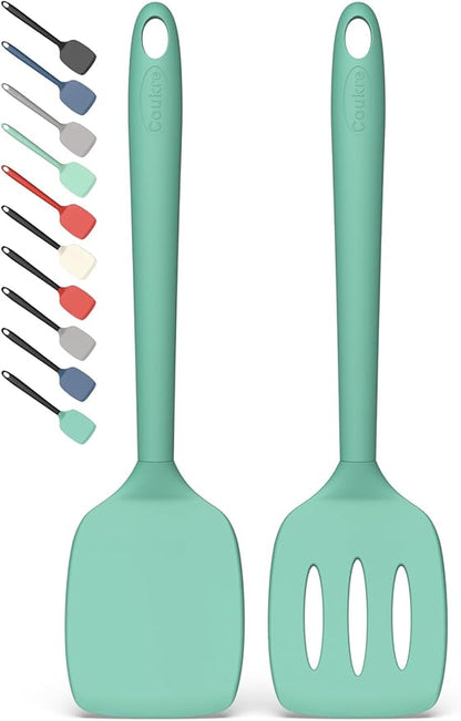 Coukre 2 Pack Silicone Spatula Set, High Heat Resistant, BPA Free Kitchen Spatula, Solid & Slotted Turner for Non-Stick Pans, Sautéing, and Flipping (2, SolidAquaGreen) by Coukre