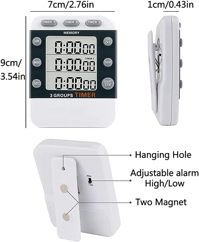 Digital Dual Kitchen Timer for Cooking, 3 Channels Count Down/up Triple Multi Timers for Food, Magnetic Memory-Preset Large-Display Adjustable Alarm Volume, 3A Battery Included - Image 2