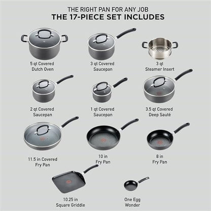 T-Fal Ultimate Hard Anodized Nonstick Pots and Pans Set 17 Piece, Nonstick Cookware Set with Fry Pan, Saucepans, Saute-Pan, Griddle, Dishwasher Safe, Onyx - Image 2