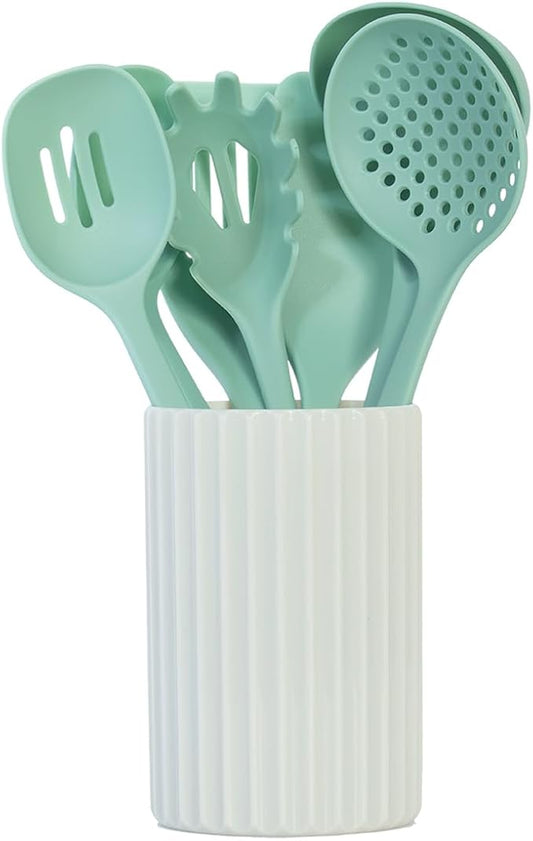 Glad Kitchen Utensils Set, 8pcs - Nonstick Cooking Tools with Utensil Holder - Nylon Spoon, Ladle, Skimmer, Spaghetti Server, and Turner Spatula Set - Dishwasher Safe, Teal Green by GladTrashFoodStorage