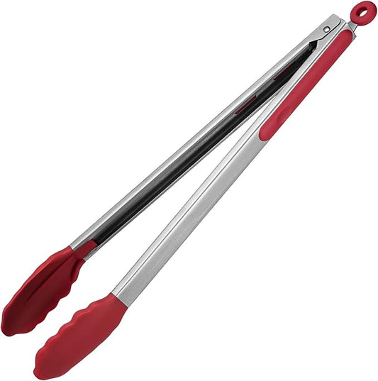 600ºF Heat Resistant Kitchen Tongs: U-Taste 16 inch Extra Long Large Silicone Cooking Tong with Sturdy Non Stick Rubber Tips & Non Slip Silicon Coated 18/8 Stainless Steel Handle for Grilling BBQ(Red) by U-Taste