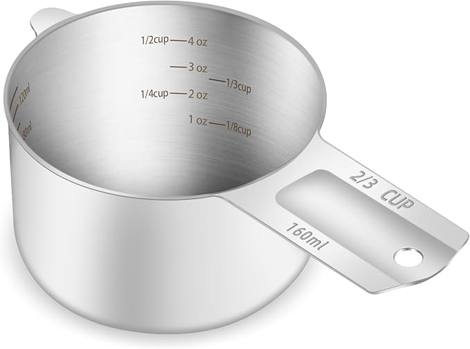 1PCS 2/3Cup (160ml, 5.3oz) Single Measuring Cup, Etched Inner Scale Stainless Steel Measure Scoop, Metric and US Measurement, Dishwasher Safe by BERYLER
