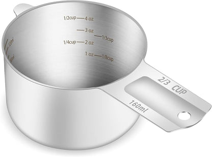 1PCS 2/3Cup (160ml, 5.3oz) Single Measuring Cup, Etched Inner Scale Stainless Steel Measure Scoop, Metric and US Measurement, Dishwasher Safe by BERYLER