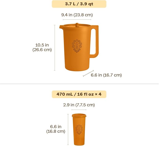Tupperware Heritage Retro Collection, Pitcher and 4 Tumbler Set in Retro Colors, Dishwasher Safe and BPA Free
