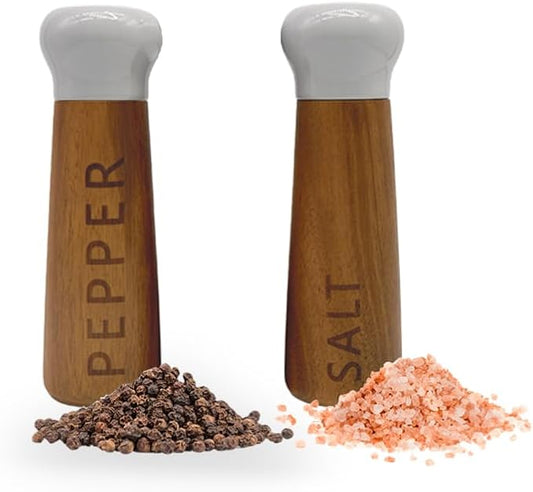 Tessie & Jessie Wooden Salt and Pepper Grinder Set, Premium Acacia Wood, 8" Elegant Refillable Salt Pepper Mill, Salt & Pepper Shakers for Seasoning, Stylish Gift Set (8"+8", Gray)
