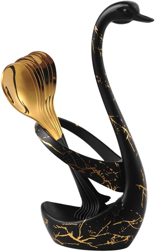 AnSaw Small Coffee Spoon Holder Set,Black Swan Base With 10 Pcs Black & Gold Demitasse Espresso Spoons Set,4.7" Mini Leaf Dessert Spoon,Stainless Steel Tea Spoons - Image 5