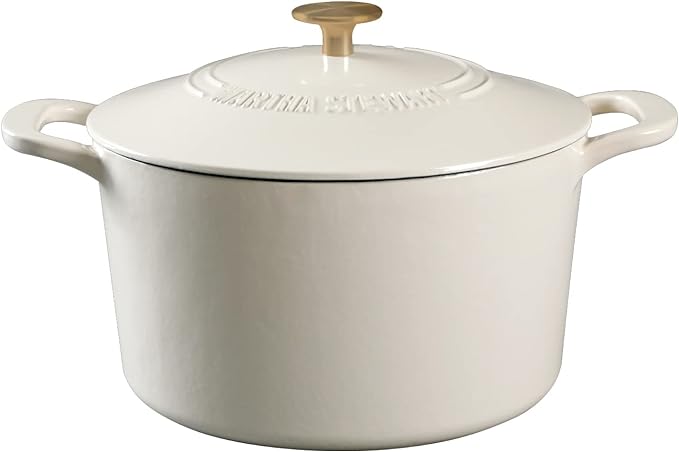MARTHA STEWART Gatwick 7-Quart Enamel Cast Iron Dutch Oven – Linen White With Gold – Heavy-Duty Dutch Oven for Slow Cooking, Braising & Baking by MarthaStewart