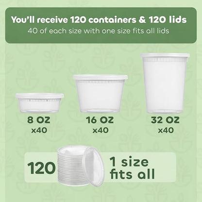 JoyServe 120 Sets Deli Containers with Lids – 8oz, 16oz & 32oz – Leak Proof, Microwaveable, Dishwasher & Freezer Safe – Plastic Food Storage & Soup Containers - Image 2