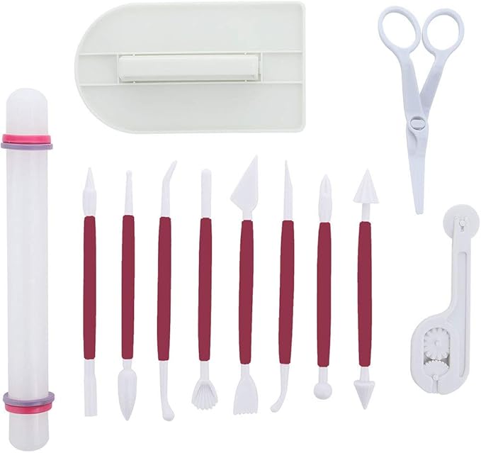 ScivoKaval Marshmallow Fondant Cake Decorating Hand Tool 12 Pcs 5 Sets Sugarcraft Gumpaste Icing Smoother Rolling Pin Trimmer Cutter Embosser Flower Scissor Modelling Accessories Supplies Kit Red by ScivoKaval