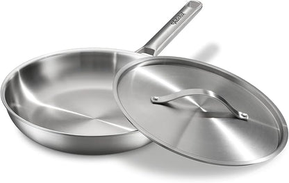 Stainless Steel Frying Pan 12 Inch with Lid, Fully Clad Tri-Ply Stainless Steel Skillet for Even Heating, Brushed Finish, Dishwasher & Oven Safe, Induction & All Stovetops Compatible